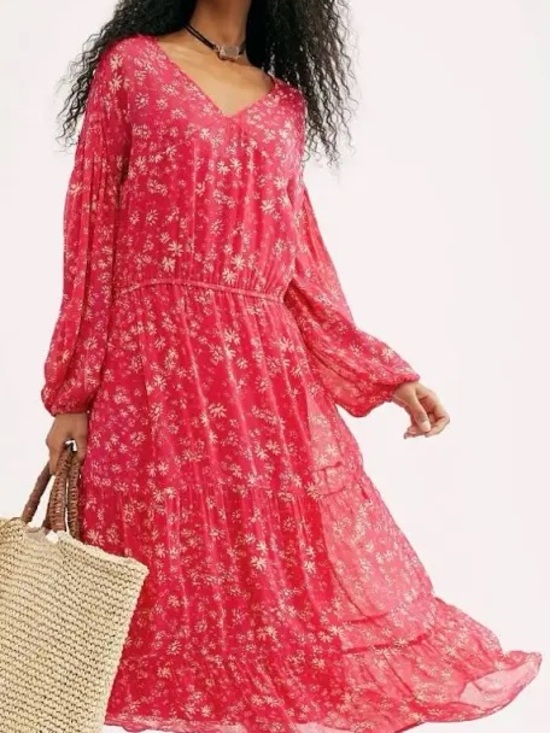 Free People Dresses & Skirts - Free People Wallflower Midi Dress Raspberry Pink Floral Tiered Cottage XS $148